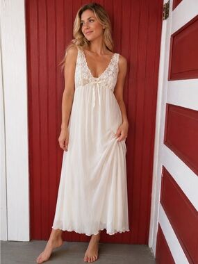 Sheer Lace-Trim Chemise Nightgown in Ivory by Unknown Brand